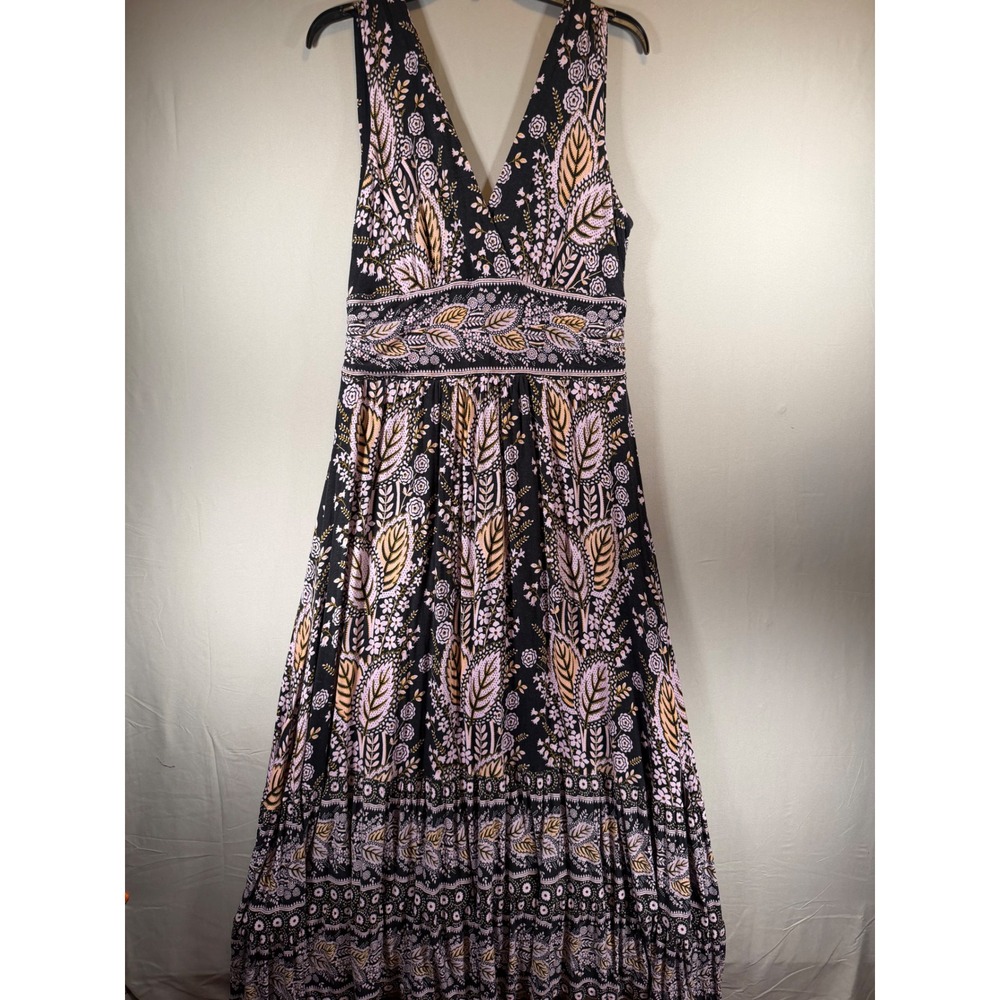 Maeve Black Maxi Dress with Pink and Gold Leaf Print